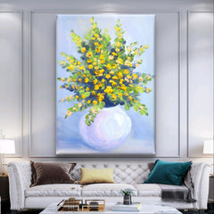 Oil painting. Still life of a lush bouquet of light pink flowers in a blue vase