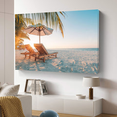 Beautiful beach. Chairs on the sandy beach near the sea | Mural