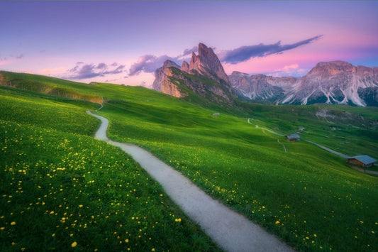 Seceda mountain at beautiful sunset in summer in the Dolomites