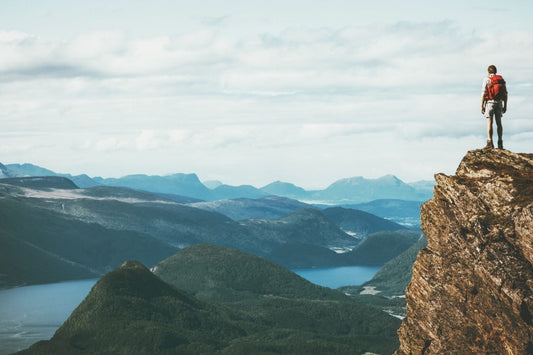 Traveler on cliff mountains above the fjord enjoys the Norwegian landscape