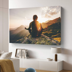Man meditating yoga at sunset in the mountains | Mural