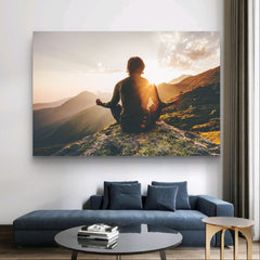 Man meditating yoga at sunset in the mountains | Mural