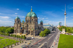 Aerial view of Berlin Cathedral in Lustgarten Park with famous TV tower