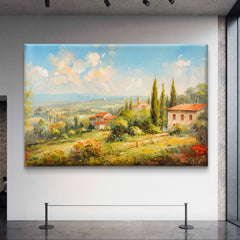 An old oil painting with cypress hills and picturesque village houses | Wall art