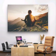 Man meditating yoga at sunset in the mountains | Mural