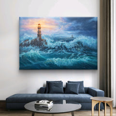 Lighthouse on the coast in front of a golden sunset. Impressionism