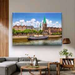 Historic city of Bremen with old sailing ship on the Weser river | Mural