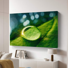 Beauty of transparent water drops on a green leaf macro | Wall mural