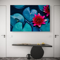 Red lotus blossom on the water surface and dark blue leaves tinted | Mural